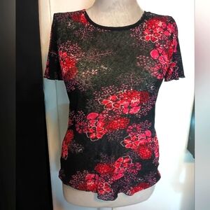 Karen Kane Small Black and Red sheer floral brouse